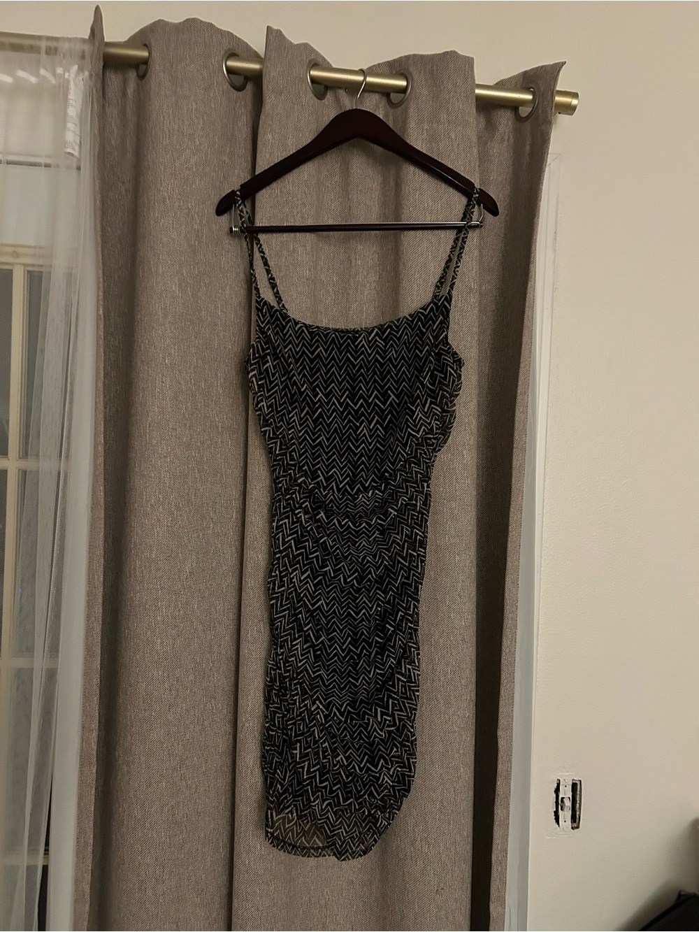 DKNY Black and White Zigzag Spaghetti Strap Mini Dress